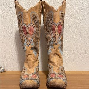 Women's Tan and Red Embroidered Heeled Boots